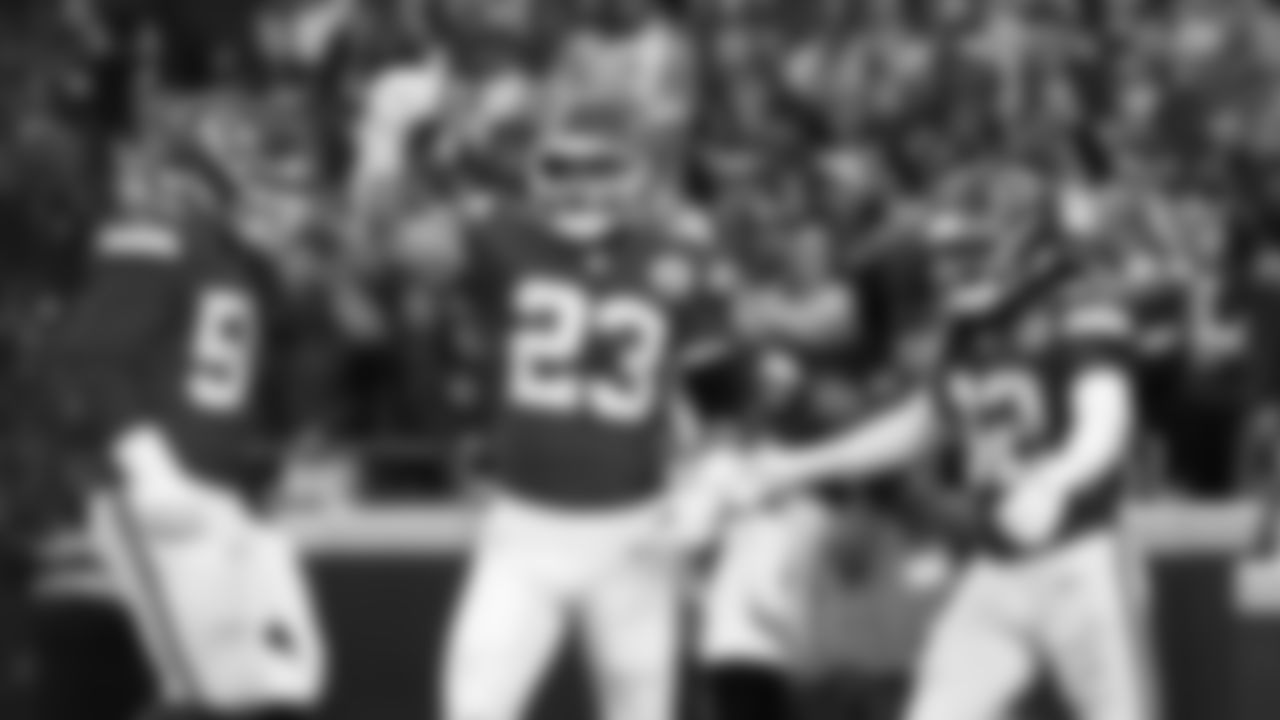 Kansas City Chiefs middle linebacker Drue Tranquill (23) celebrates during a week 12 NFL Football game against the Indianapolis Colts on Sunday, November 23, 2025 in Kansas City, MO