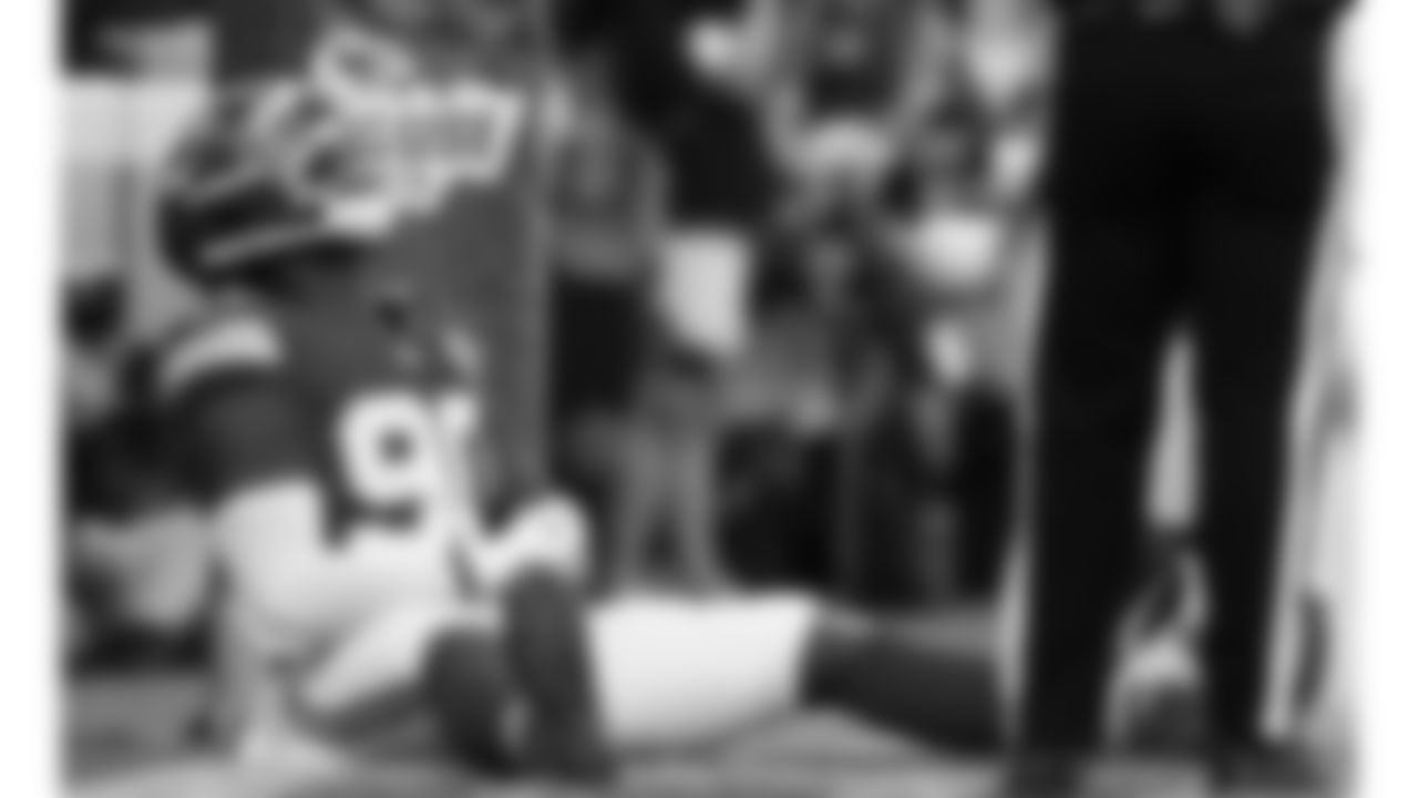 Kansas City Chiefs defensive end Charles Omenihu (90) yells while sitting in the end zone during a week 12 NFL football game against the Indianapolis Colts, Sunday, November 23, 2025 in Kansas City, MO.