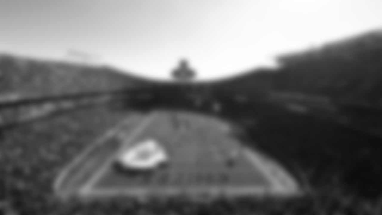 An overhead view of GEHA Field at Arrowhead Stadium during team run outs prior to a week 15 NFL football game between the Kansas City Chiefs and the Los Angeles Chargers, Sunday, December 14, 2025 in Kansas City, MO.