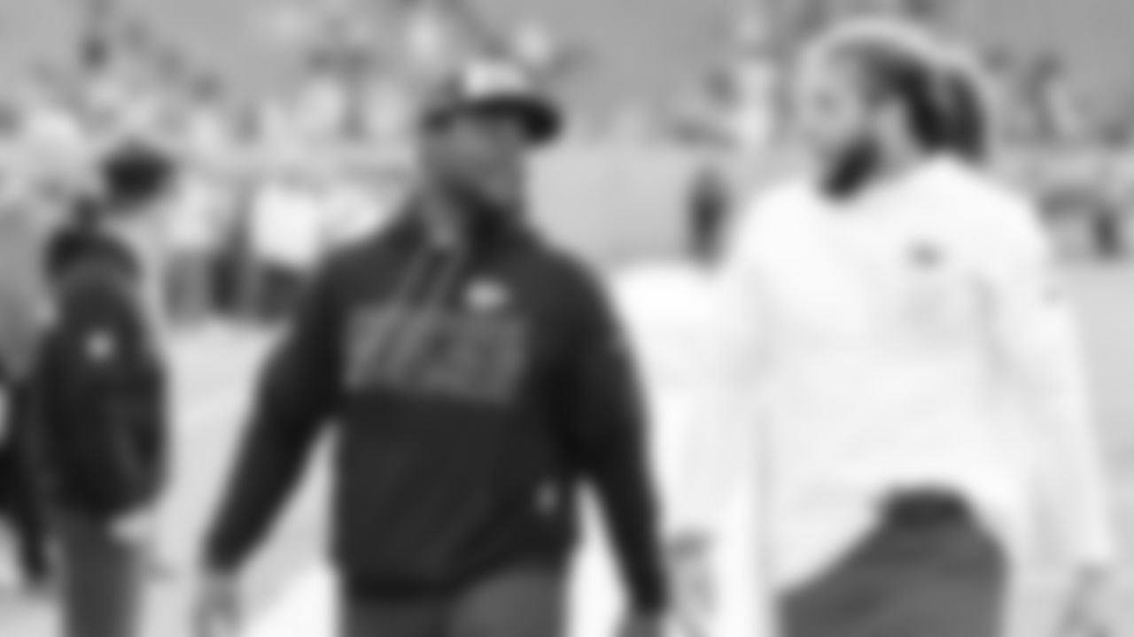 Kansas City Chiefs defensive quality control coach Christopher Orr and defensive end Ashton Gillotte (97) warms up prior to a week 16 NFL Football game against the Tennessee Titans on Sunday, December 21, 2025 in Nashville, Tennessee.