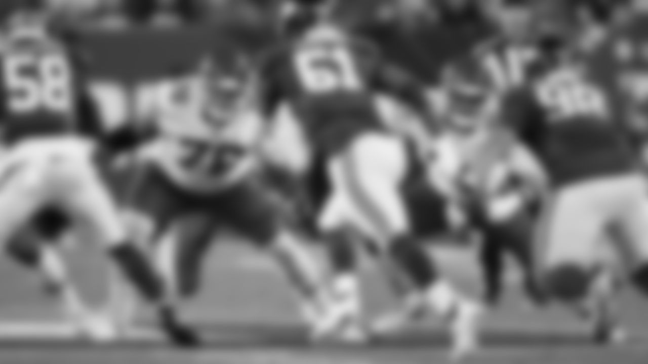 Kansas City Chiefs tackles Kingsley Suamataia (76) and Josh Simmons (71) blocks a defender during a week 3 NFL Football game against the New York Giants on Sunday, September 21, 2025 at MetLife Stadium in East Rutherford, New Jersey.
