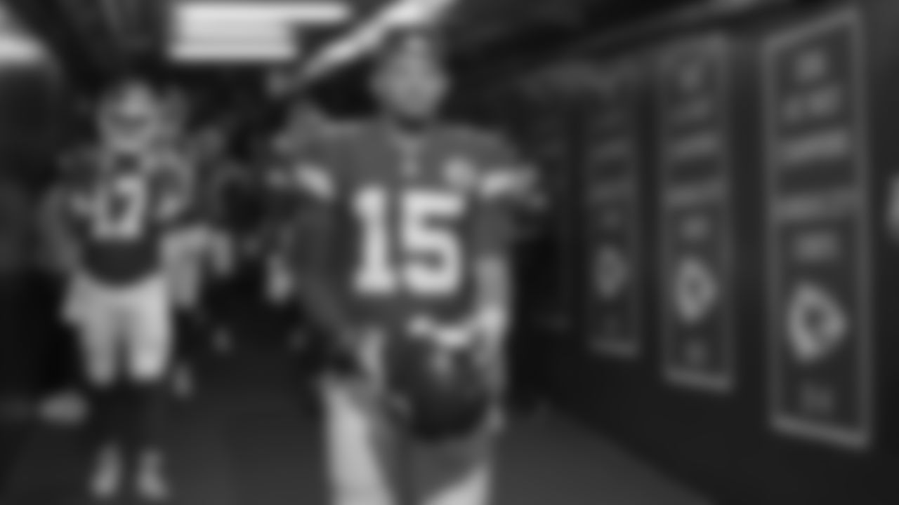 Kansas City Chiefs quarterback Patrick Mahomes (15) in the tunnel prior to a week 7 NFL Football game against the Las Vegas Raiders on Sunday, October 19, 2025 in Kansas City, MO.