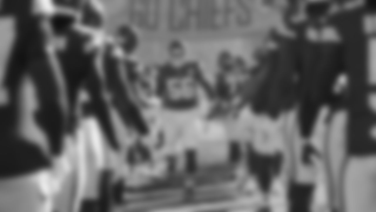 Kansas City Chiefs defensive end George Karlaftis (56) runs onto field prior to a week 12 NFL Football game against the Indianapolis Colts on Sunday, November 23, 2025 in Kansas City, MO