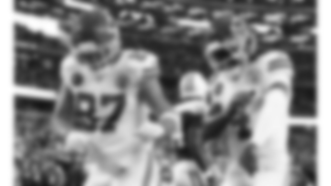 Kansas City Chiefs wide receivers Hollywood Brown (5), Rashee Rice (4) and tight end Travis Kelce (87) celebrate a touchdown during a week 13 NFL Football game against the Dallas Cowboys on Thursday, November 27, 2025 in Dallas, Texas.