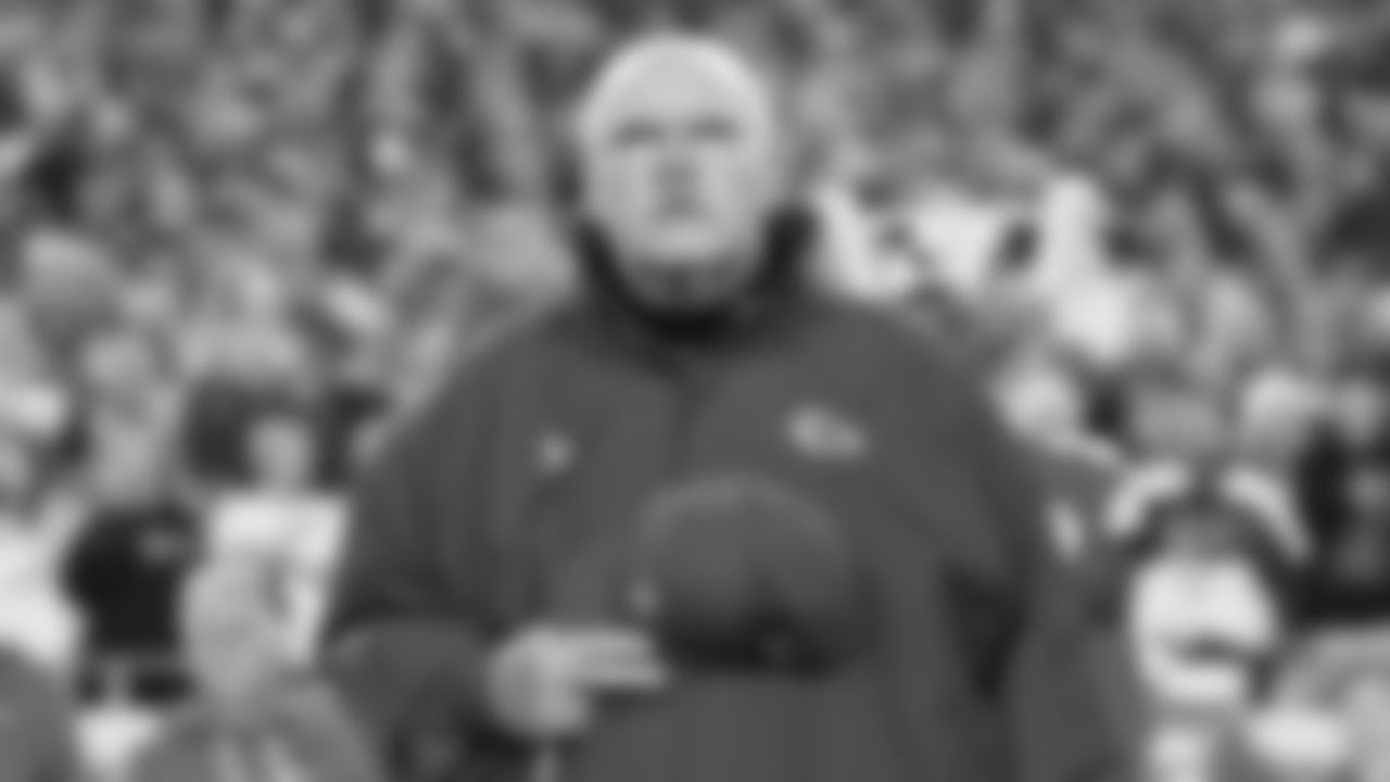 Kansas City Chiefs Head Coach Andy Reid during the National Anthem prior to a week 8 NFL Football game against the Washington Commanders on Monday, October 27, 2025 in Kansas City, MO.