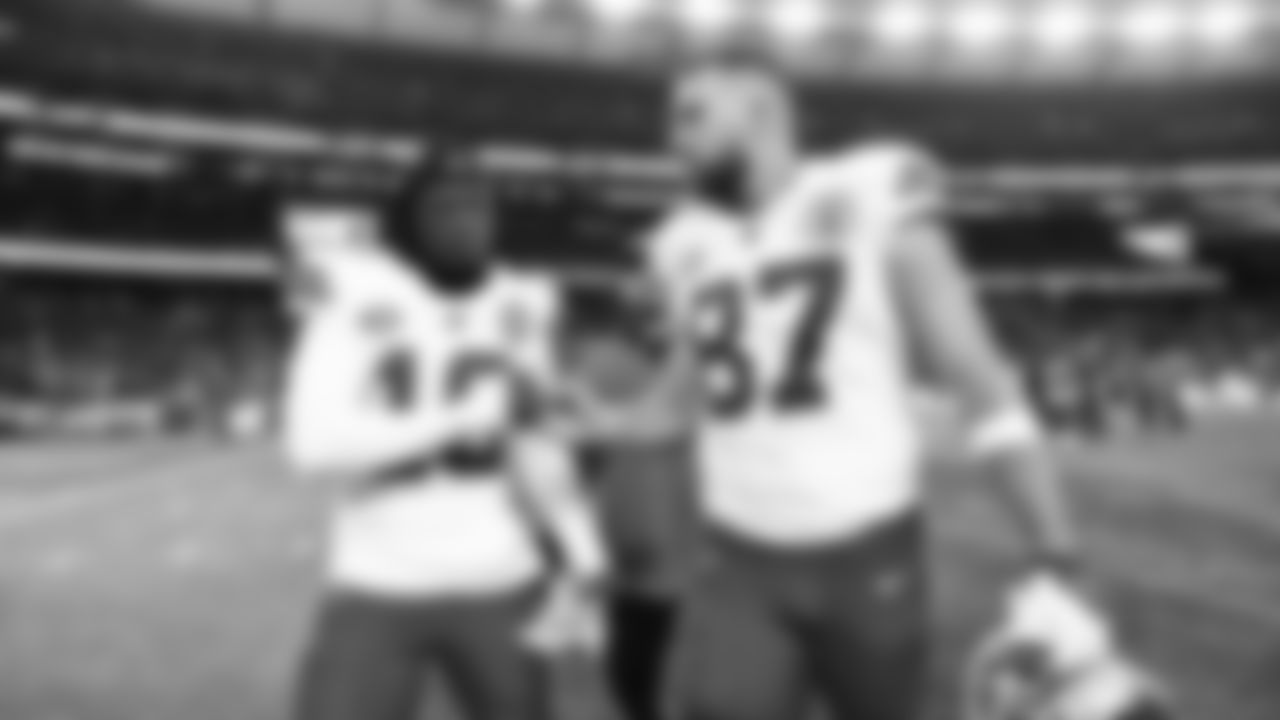 Kansas City Chiefs wide receiver Kadarius Toney (19) and tight end Travis Kelce (87) following the regular season Week 15 NFL Football Game in Foxborough, MA on Sunday, December 17, 2023.