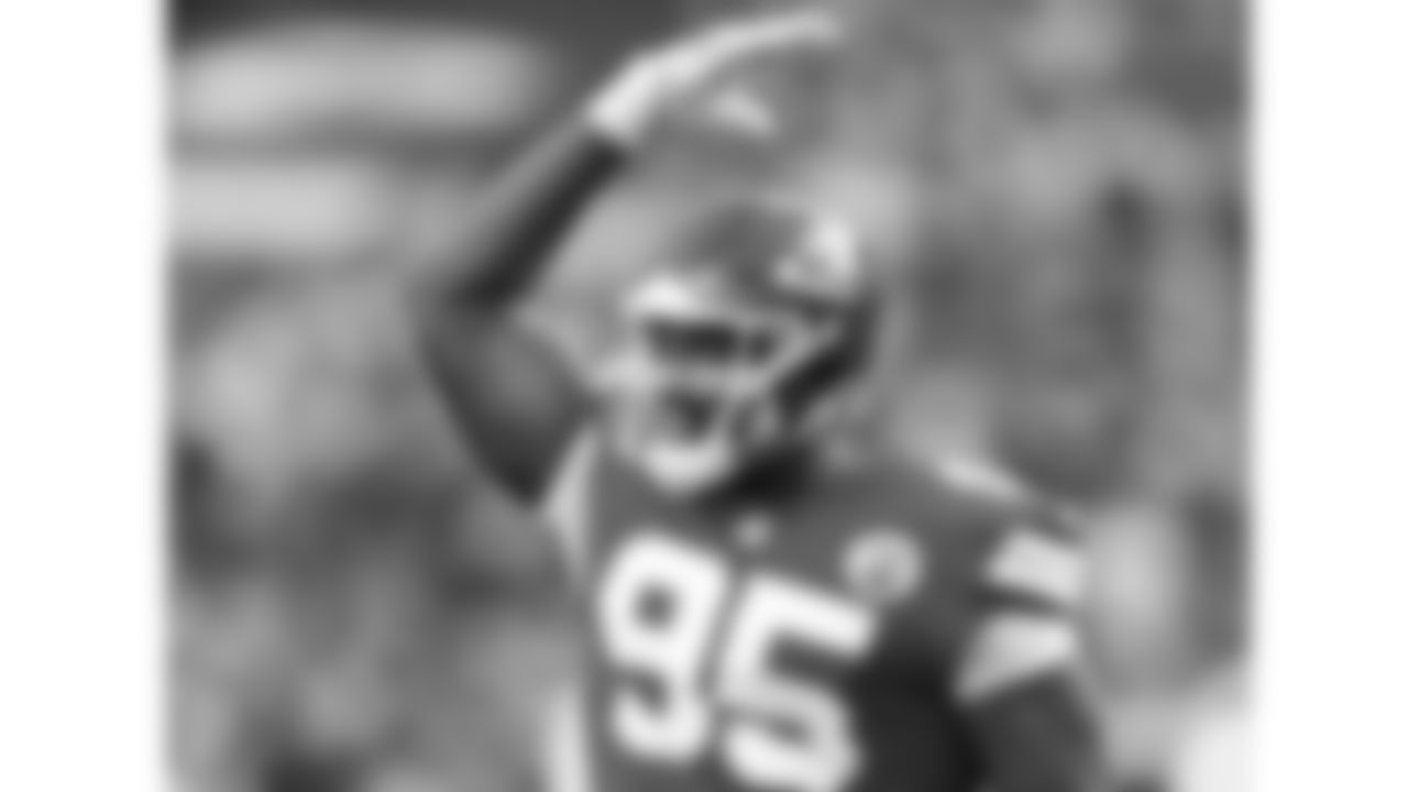 Kansas City Chiefs defensive tackle Chris Jones (95) celebrates during a week 12 NFL football game against the Indianapolis Colts, Sunday, November 23, 2025 in Kansas City, MO.