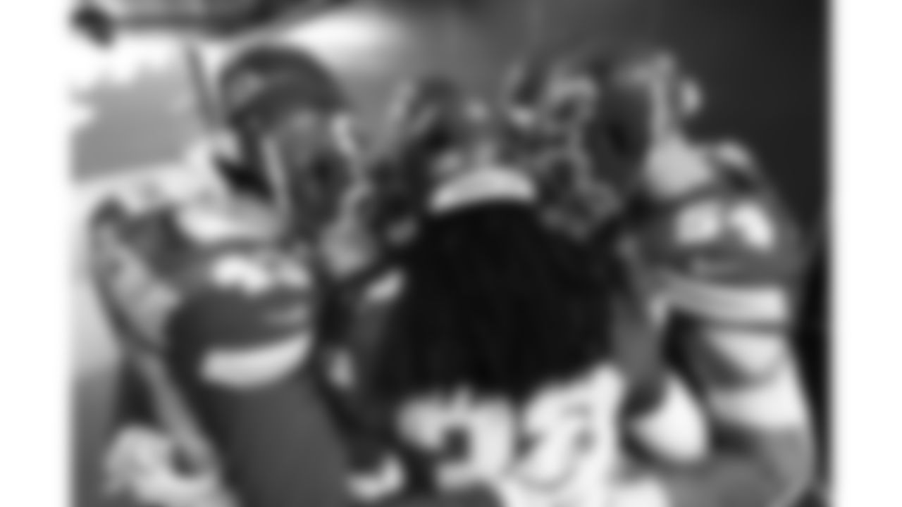 Kansas City Chiefs linebackers huddle in the 50-yard tunnel prior to a week 15 NFL football game against the Los Angeles Chargers, Sunday, December 14, 2025 in Kansas City, MO.