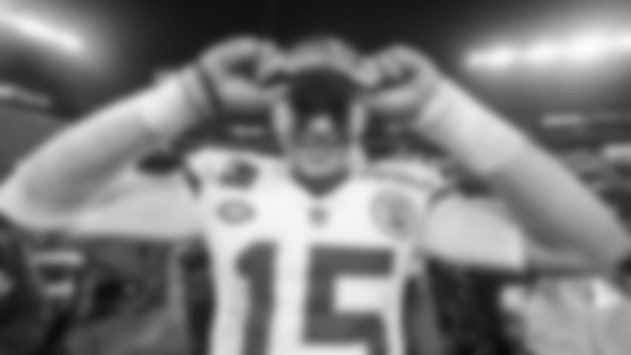 Kansas City Chiefs quarterback Patrick Mahomes (15) celebrates after the AFC Championship Game against the Baltimore Ravens on Sunday, January 28, 2024 in Baltimore.