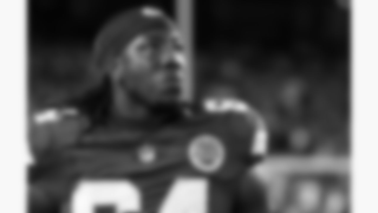 Kansas City Chiefs offensive tackle Wanya Morris (64) looks on prior to the week 6 NFL football game against the Detroit Lions, Sunday, October 12, 2025 in Kansas City, MO.