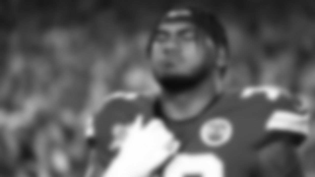 Kansas City Chiefs tackle Kingsley Suamataia (76) during the National Anthem prior to an NFL week 17 matchup against the Denver Broncos, Thursday, December 25, 2025.