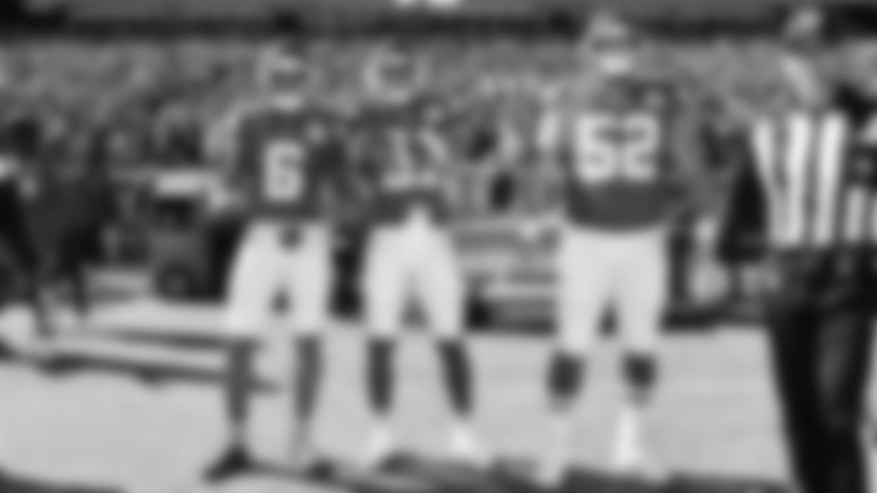 Team Captains safety Bryan Cook (6), defensive back Jaden Hicks (21) and Kansas City Chiefs center Creed Humphrey (52) stand for a photo prior to a week 7 NFL Football game against the Las Vegas Raiders on Sunday, October 19, 2025 in Kansas City, MO.