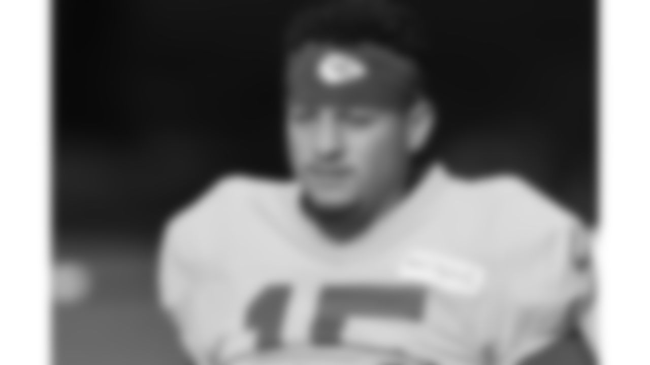 Kansas City Chiefs quarterback Patrick Mahomes (15) during day 16 of training camp practice Monday August 12, 2025.