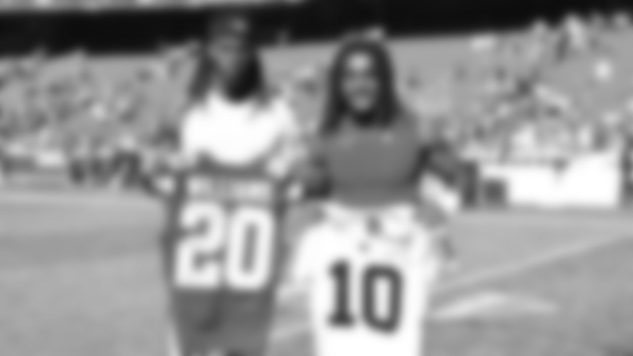 Kansas City Chiefs defensive back Nohl Williams (20) poses with Las Vegas Raiders wide receiver Dont'e Thornton Jr. after a week 7 NFL Football game against the Las Vegas Raiders on Sunday, October 19, 2025 in Kansas City, MO.