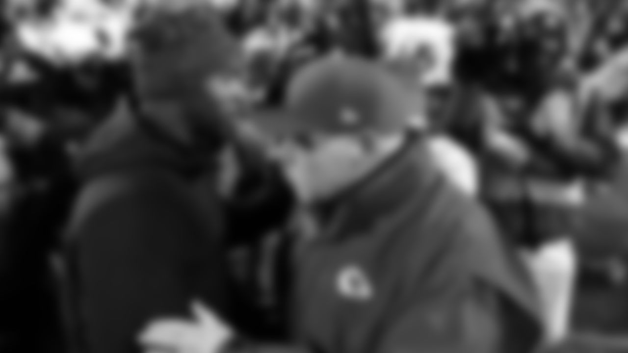 Kansas City Chiefs Head Coach Andy Reid meets with Houston Texans Head Coach DeMeco Ryans after an NFL week 14 matchup against the Houston Texans, Sunday December 7, 2025.