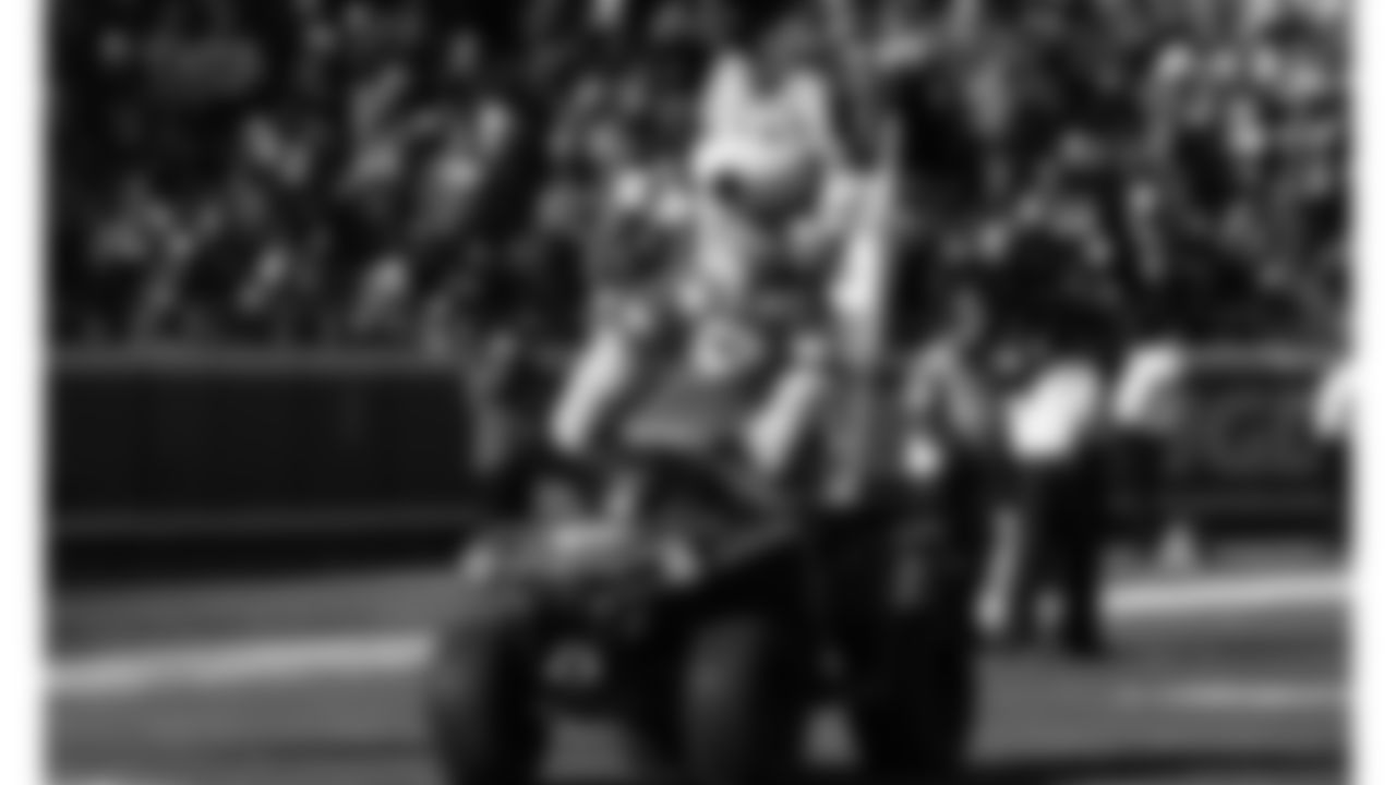 KC Wolf enters the field prior to a week 15 NFL Football game against the Los Angeles Chargers on Sunday, December 14, 2025 in Kansas City, MO.