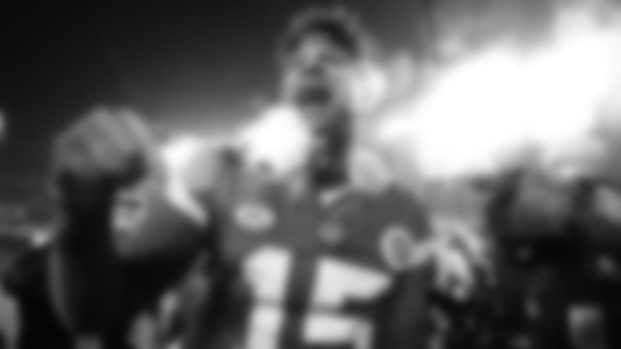Kansas City Chiefs quarterback Patrick Mahomes (15) prior to the week 11 NFL football game against the Philadelphia Eagles, November 20, 2023 in Kansas City.