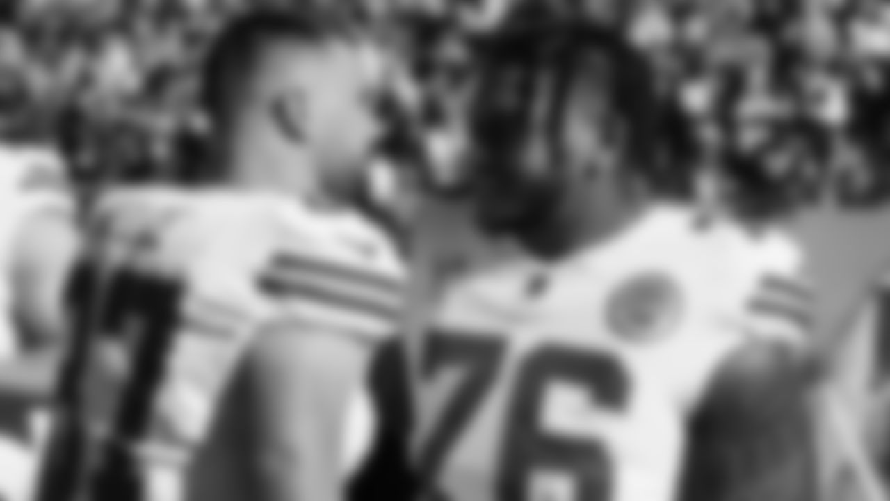 Kansas City Chiefs tackle Kingsley Suamataia (76) and tight end Travis Kelce (87) prior to a week 16 NFL Football game against the Tennessee Titans on Sunday, December 21, 2025 in Nashville, Tennessee.