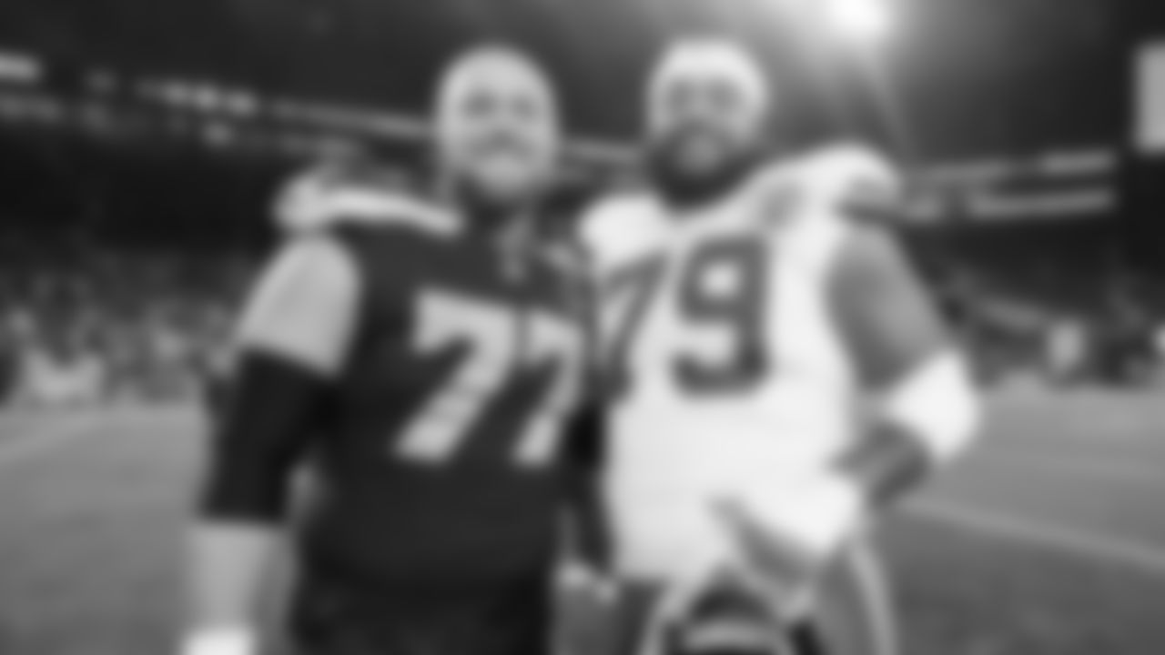 Kansas City Chiefs offensive lineman Esa Pole (79) poses for a photo with Seattle Seahawks guard Bryce Cabeldue (77) following a preseason week 2 NFL football game, Friday, August 15, 2025 in Seattle, WA.