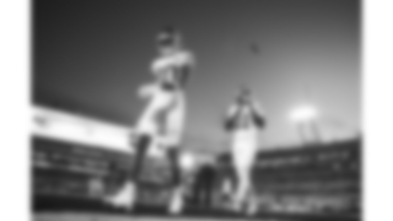 Kansas City Chiefs wide receivers Tyquan Thorton (80) and Jalen Royals (11) walk on the field prior to the week 5 NFL football game against the Jacksonville Jaguars, Monday, October 6, 2025 in Jacksonville, FL.