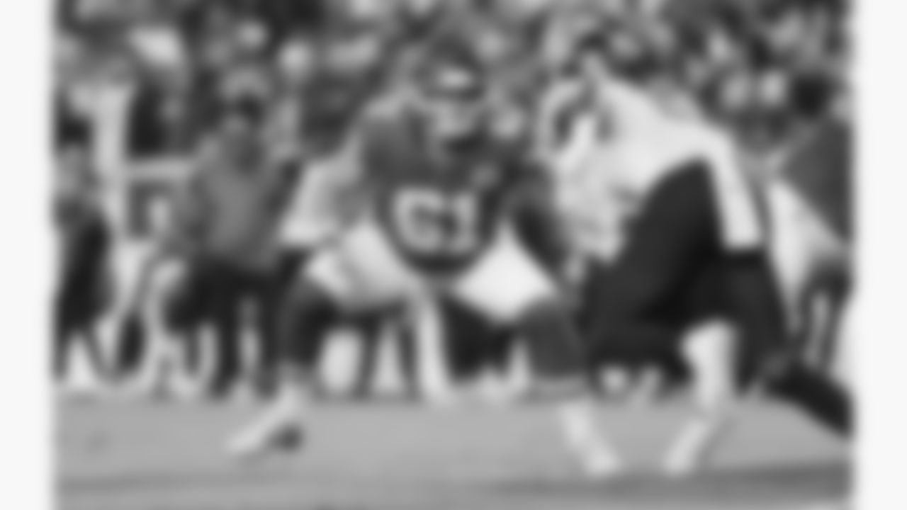 Kansas City Chiefs offensive lineman C.J. Hanson (61) blocks during a week 8 NFL Football game against the Washington Commanders on Monday, October 27, 2025 in Kansas City, MO.
