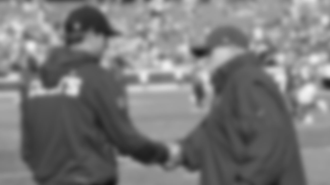 Kansas City Chiefs Head Coach Andy Reid talks with Indianapolis Colts Head Coach Shane Steichen midfield prior to a week 12 NFL Football game against the Indianapolis Colts on Sunday, November 23, 2025 in Kansas City, MO