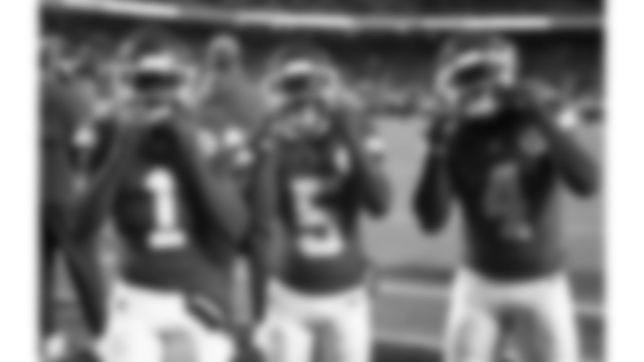 Kansas City Chiefs wide receivers Xavier Worthy (1), Hollywood Brown (5) and Rashee Rice (4) prior to a week 8 NFL Football game against the Washington Commanders on Monday, October 27, 2025 in Kansas City, MO.