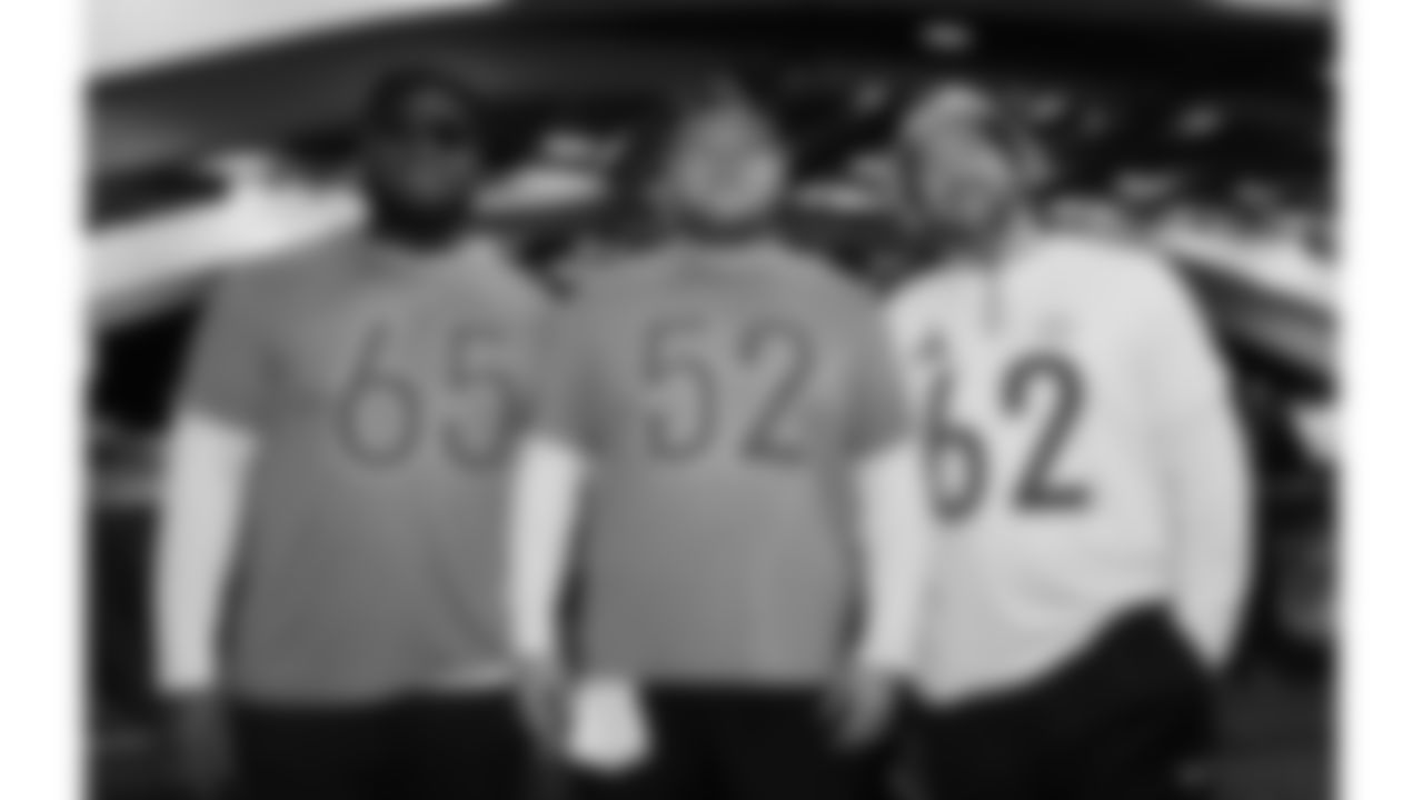 Kansas City Chiefs offensive lineman Trey Smith (65), center Creed Humphrey (52) and Chicago Bears guard Joe Thuney (62) pose together at the 2026 Pro Bowl opening night at the Moscone Center in San Francisco, California on Monday, February 2, 2026.