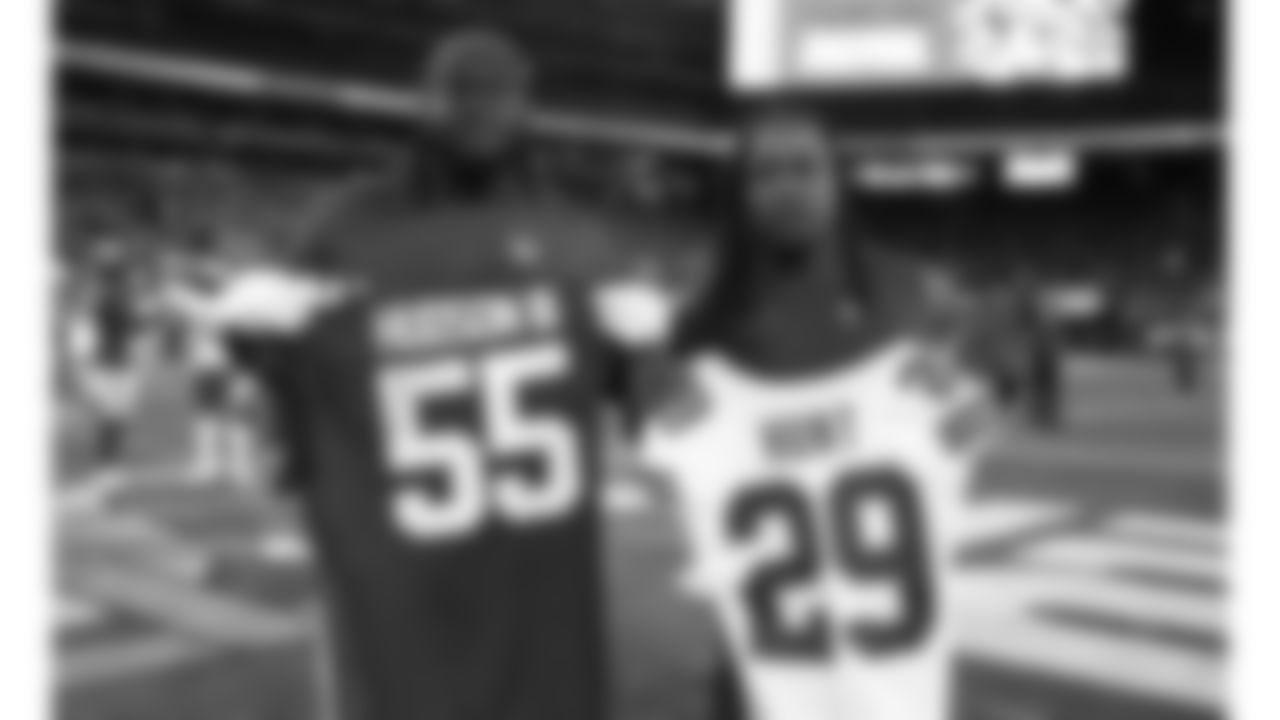 Kansas City Chiefs running back Kareem Hunt (29) with New York Giants James Hudson III (55) after a week 3 NFL Football game against the New York Giants on Sunday, September 21, 2025 at MetLife Stadium in East Rutherford, New Jersey.