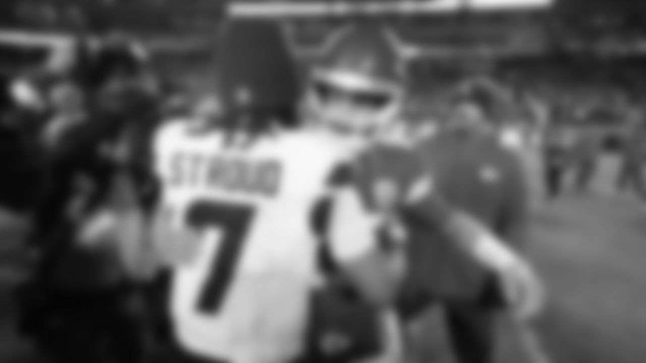 Kansas City Chiefs quarterback Patrick Mahomes (15) hugs Houston Texans quarterback C.J. Stroud (7) after an NFL week 14 matchup against the Houston Texans, Sunday December 7, 2025.