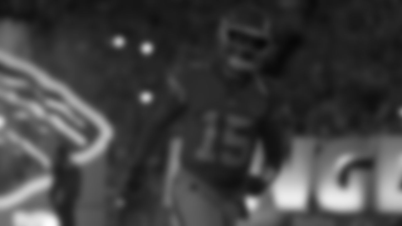 Kansas City Chiefs quarterback Patrick Mahomes (15) runs out the tunnel for the week 6 NFL football game against the Detroit Lions, Sunday, October 12, 2025 in Kansas City, MO.