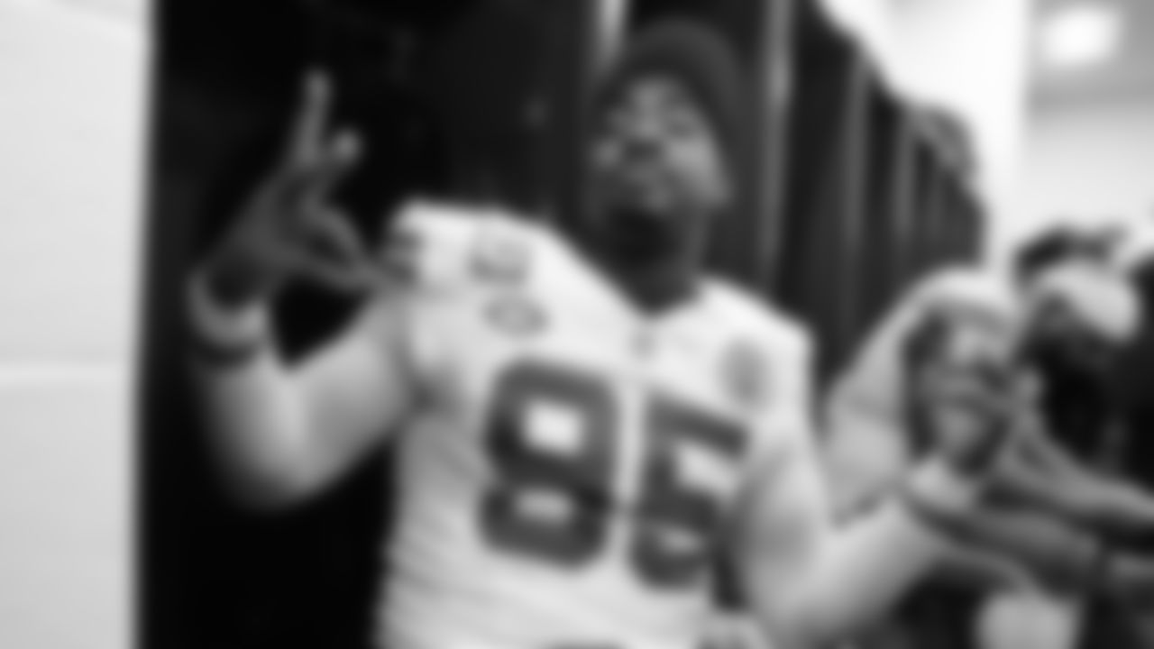 Kansas City Chiefs defensive tackle Chris Jones (95) celebrates after the AFC Championship Game against the Baltimore Ravens on Sunday, January 28, 2024 in Baltimore.