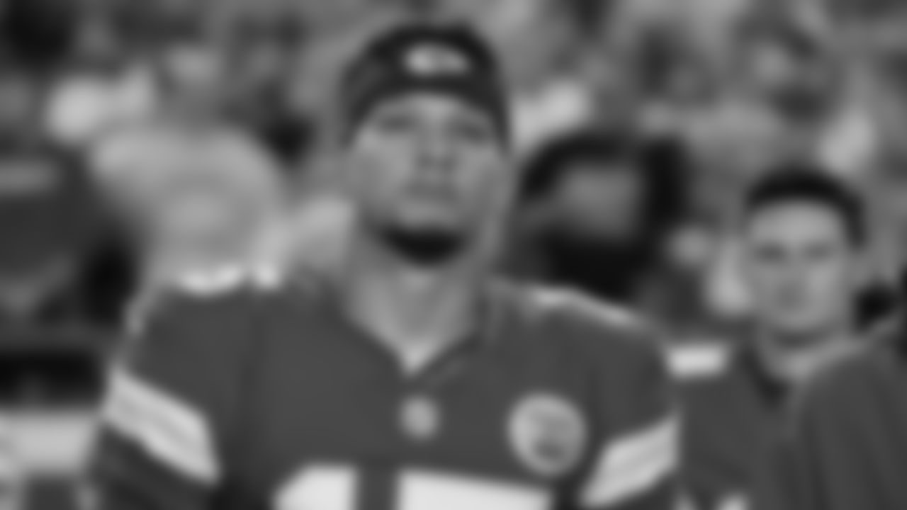 Kansas City Chiefs quarterback Patrick Mahomes (15) during nation anthem prior to a week 6 NFL Football game against the Detroit Lions on Sunday, October 12, 2025 in Kansas City, MO.