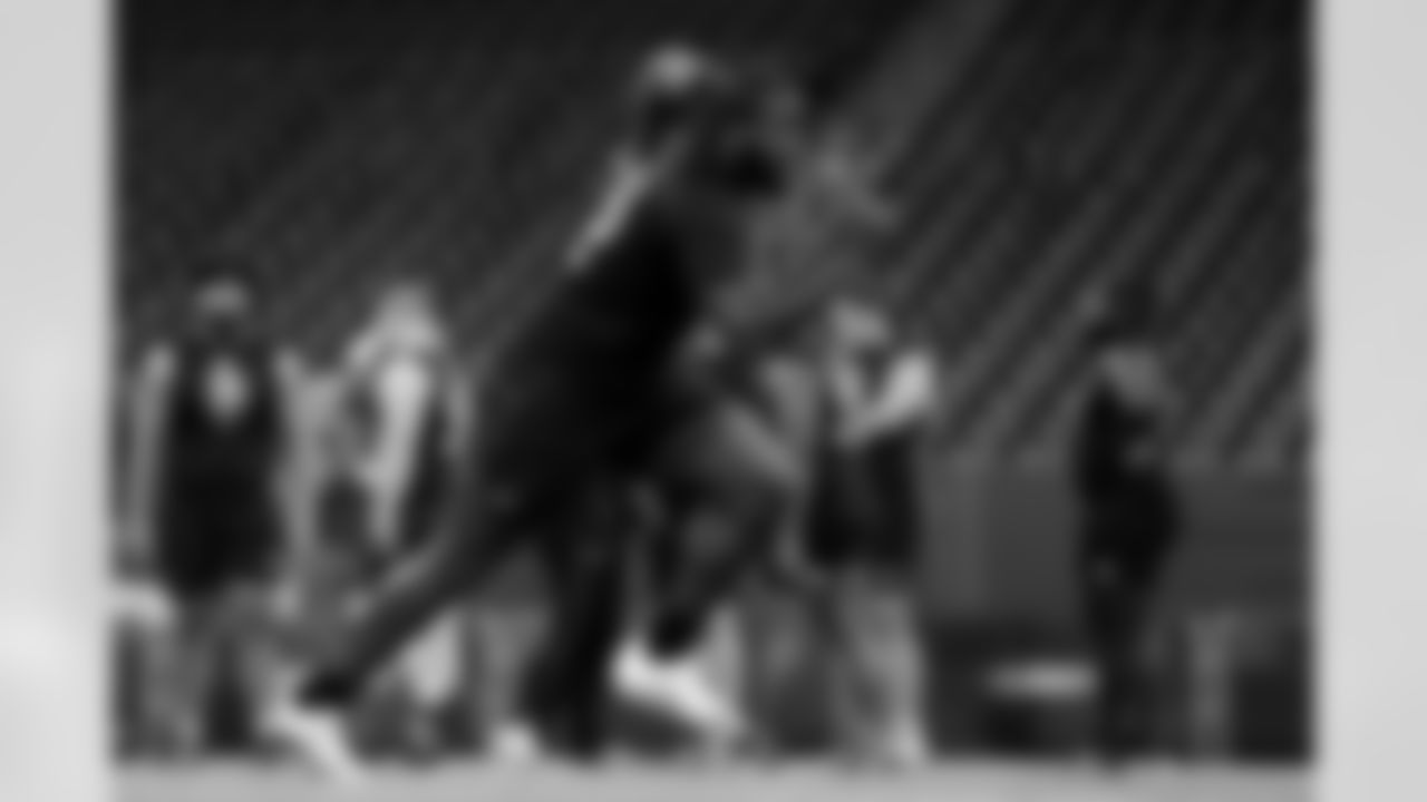 Texas A&M offensive lineman Ar'maj Reed-Adams (42) participates in a drill during the 2026 NFL Scouting Combine on Sunday, March 1, 2026 in Indianapolis, Indiana. (Lauren Leigh Bacho/NFL)