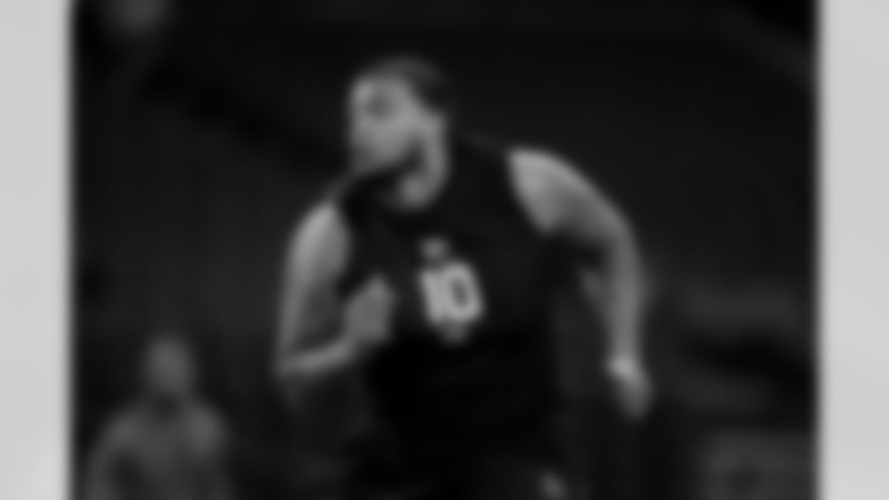 Minnesota defensive lineman Deven Eastern (10) participates in a drill during the 2026 NFL Scouting Combine on Thursday, February 26, 2026 in Indianapolis, Indiana. (Cooper Neill/NFL)