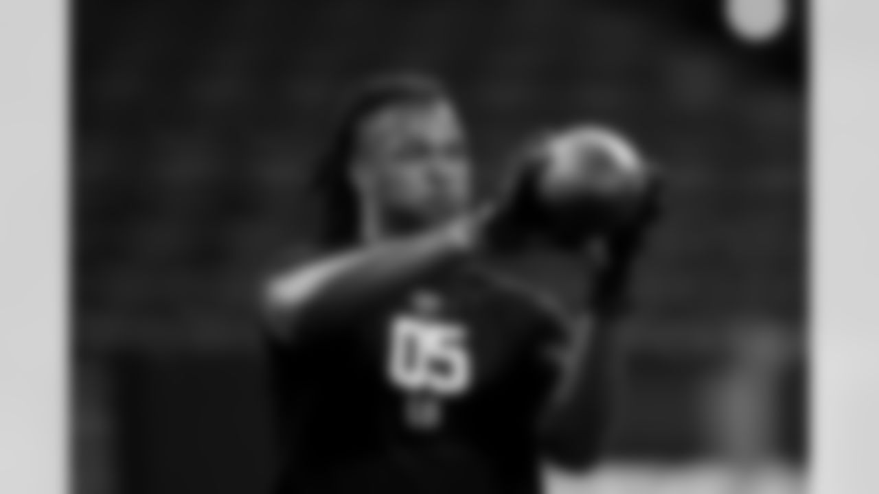 Oklahoma linebacker Kendal Daniels (05) during the 2026 NFL Scouting Combine on Thursday, February 26, 2026 in Indianapolis, Indiana. (Cooper Neill/NFL)