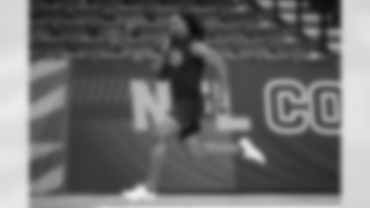 Penn State tight end Khalil Dinkins (05) runs the 40-yard dash during the 2026 NFL Scouting Combine on Friday, February 27, 2026 in Indianapolis, Indiana. (Cooper Neill/NFL)