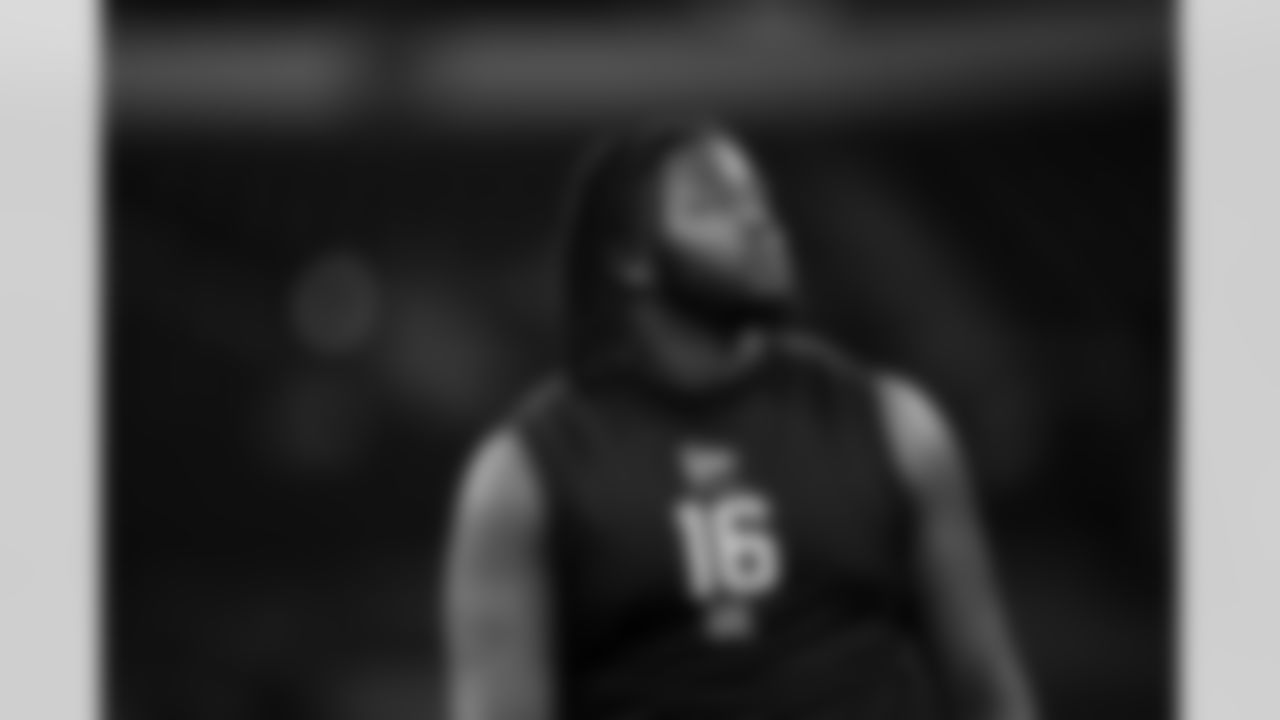 Texas A&M offensive lineman Dametrious Crownover (16) participates in a drill during the 2026 NFL Scouting Combine on Sunday, March 1, 2026 in Indianapolis, Indiana. (Cooper Neill/NFL)