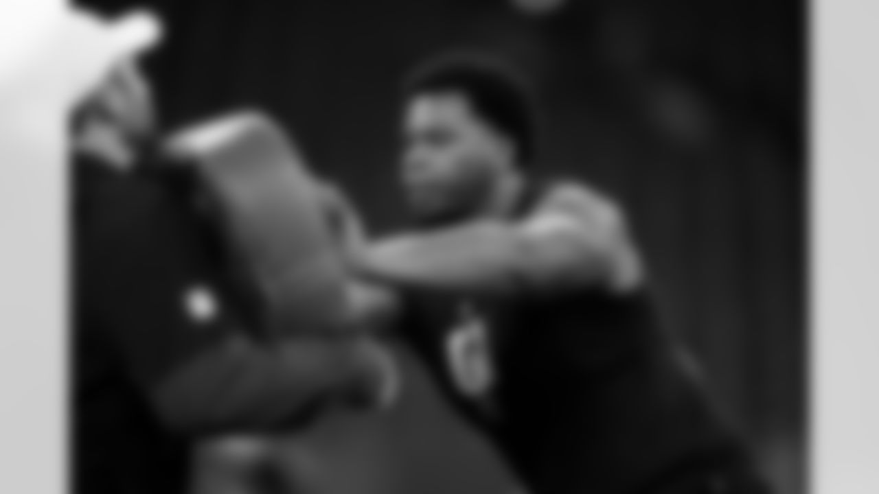 Memphis offensive lineman Chris Adams (01) participates in a drill during the 2026 NFL Scouting Combine on Sunday, March 1, 2026 in Indianapolis, Indiana. (Cooper Neill/NFL)