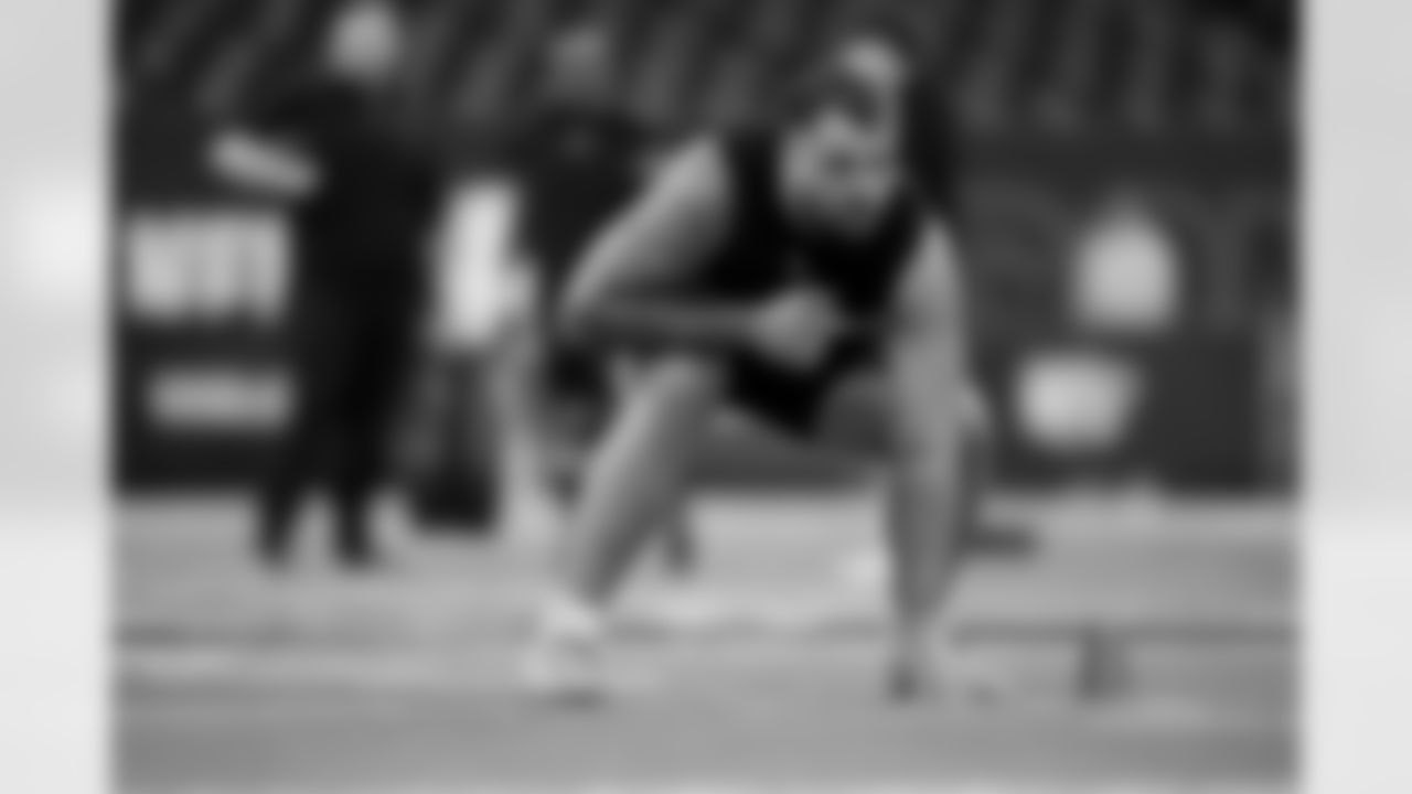 Boston College offensive lineman Logan Taylor (49) participates in a drill during the 2026 NFL Scouting Combine on Sunday, March 1, 2026 in Indianapolis, Indiana. (Cooper Neill/NFL)