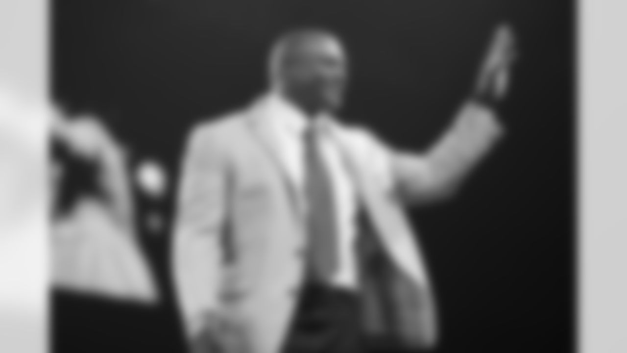 Hall of Fame inductee Dwight Freeney is introduced on stage during the Pro Football Hall of Fame Gold Jacket Dinner on Friday, August 2, 2024 in Canton, Ohio. (Hailey Stutzman/NFL)