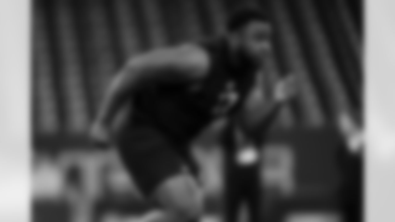 Oklahoma offensive lineman Febechi Nwaiwu (37) participates in a drill during the 2026 NFL Scouting Combine on Sunday, March 1, 2026 in Indianapolis, Indiana. (Cooper Neill/NFL)