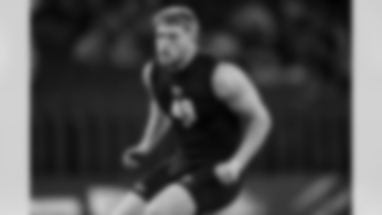 Iowa defensive lineman Max Llewellyn (49) participates in a drill during the 2026 NFL Scouting Combine on Thursday, February 26, 2026 in Indianapolis, Indiana. (Cooper Neill/NFL)