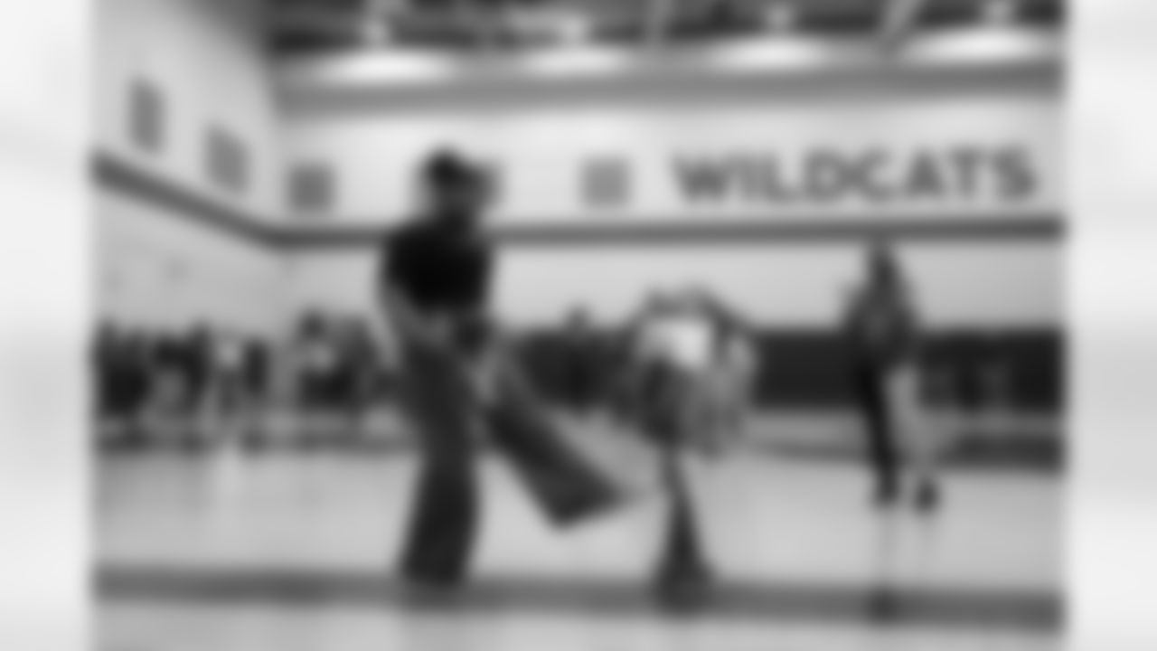 A student celebrates in a drill during a GENYOUth clinic on Tuesday, Feb. 24, 2026, at Fall Creek Valley Middle School in Indianapolis. (Jerod Ringwald/AP Content Services for the NFL)