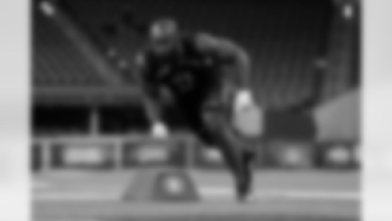 North Carolina State linebacker Germaine Pratt runs a drill at the NFL football scouting combine in Indianapolis, Sunday, March 3, 2019. (AP Photo/Michael Conroy)