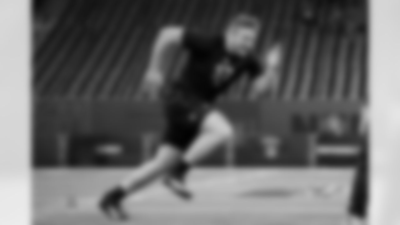 Texas A&M offensive lineman Trey Zuhn III (57) participates in a drill during the 2026 NFL Scouting Combine on Sunday, March 1, 2026 in Indianapolis, Indiana. (Lauren Leigh Bacho/NFL)