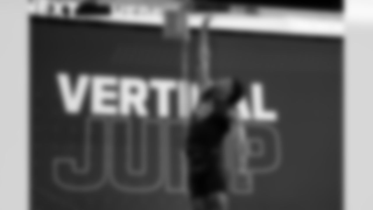 TCU defensive back Bud Clark (33) participates in the vertical jump during the 2026 NFL Scouting Combine on Friday, February 27, 2026 in Indianapolis, Indiana. (Lauren Leigh Bacho/NFL)