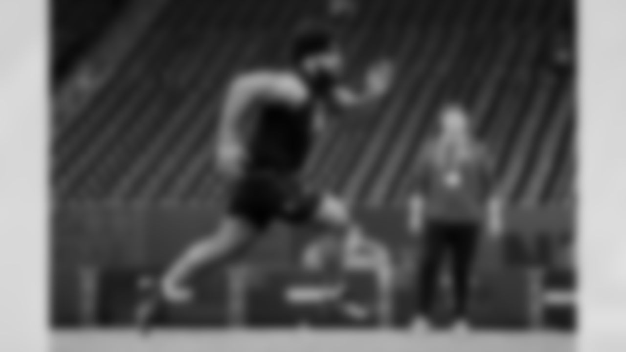 Penn State offensive lineman Olaivavega Ioane (30) participates in a drill during the 2026 NFL Scouting Combine on Sunday, March 1, 2026 in Indianapolis, Indiana. (Lauren Leigh Bacho/NFL)