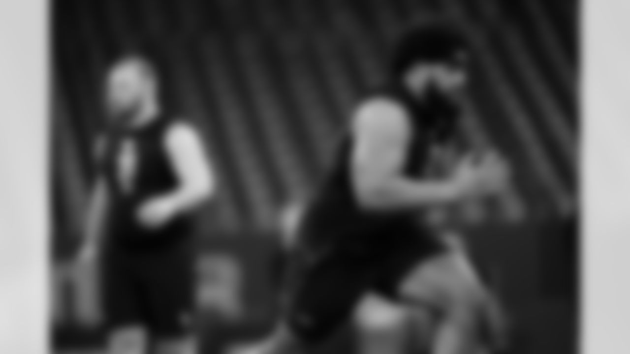 Penn State offensive lineman Olaivavega Ioane (30) participates in a drill during the 2026 NFL Scouting Combine on Sunday, March 1, 2026 in Indianapolis, Indiana. (Cooper Neill/NFL)
