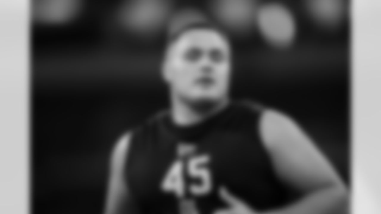 Notre Dame offensive lineman Billy Schrauth (45) participates in a drill during the 2026 NFL Scouting Combine on Sunday, March 1, 2026 in Indianapolis, Indiana. (Cooper Neill/NFL)